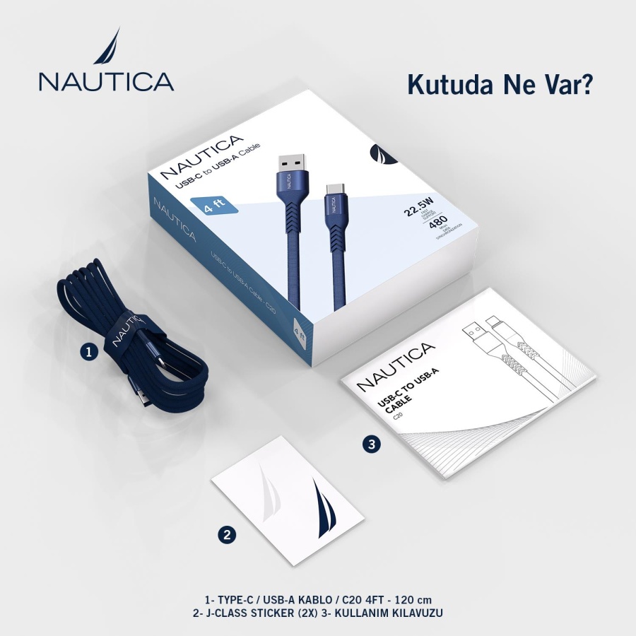 Nautica C20 Type-C to USB-A 120 cm Şarj ve Data Kablosu Navy - 6