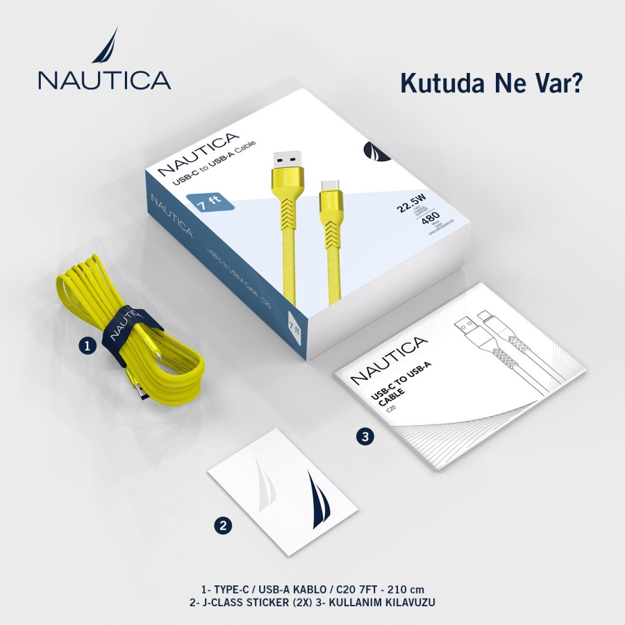 Nautica C20 Type-C to USB-A 210 cm Şarj ve Data Kablosu Sarı - 6