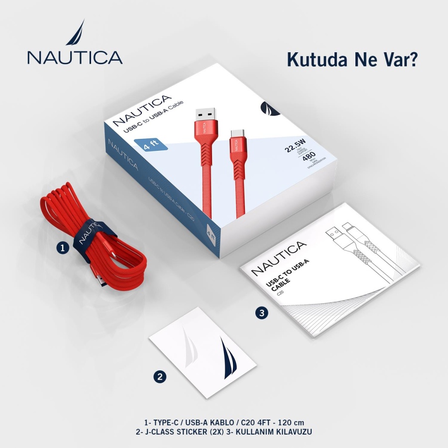 Nautica C20 USB-C to USB-A Cable (4ft) Red - 6