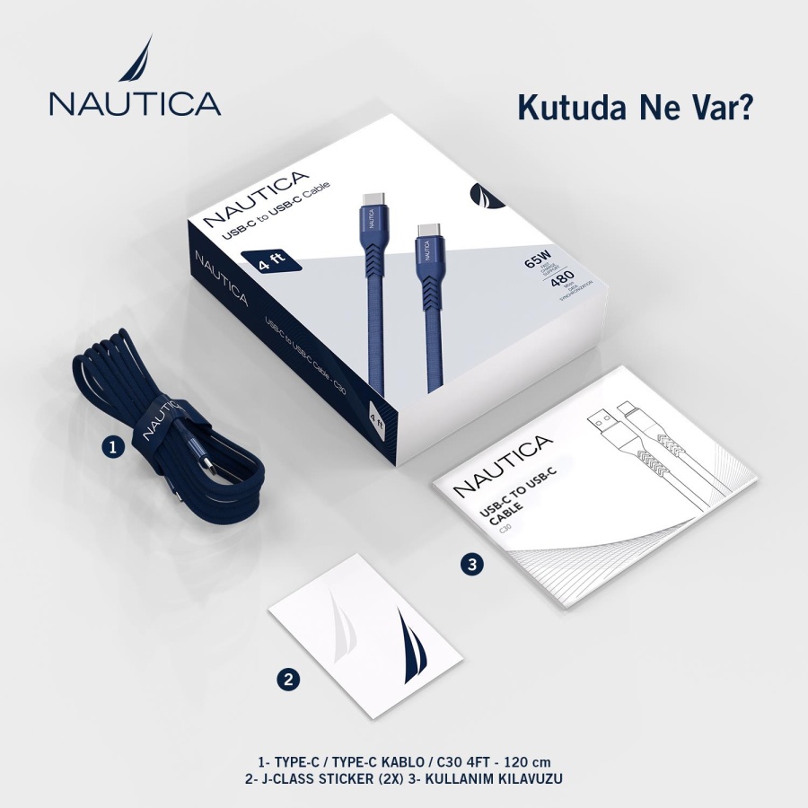 Nautica C30 Type-C to Type-C 120 cm Şarj ve Data Kablosu Navy - 6