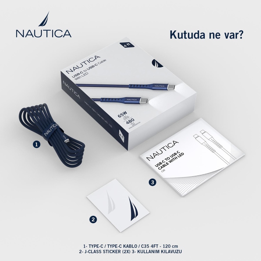 Nautica C35 USB-C to USB-C 120 cm Şarj ve Data Kablosu Navy - 7