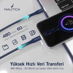 Nautica C35 USB-C to USB-C 120 cm Şarj ve Data Kablosu Navy - 3