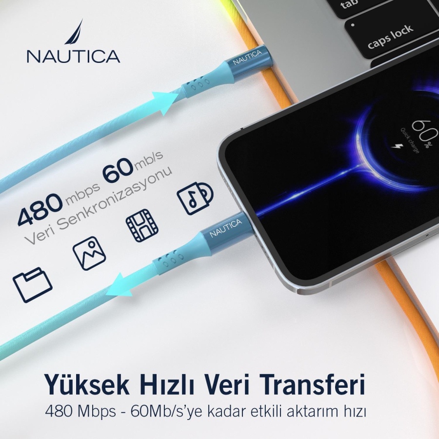 Nautica C38 Type-C to Type-C 120 cm Şarj ve Data Kablosu Çok Renkli - 3