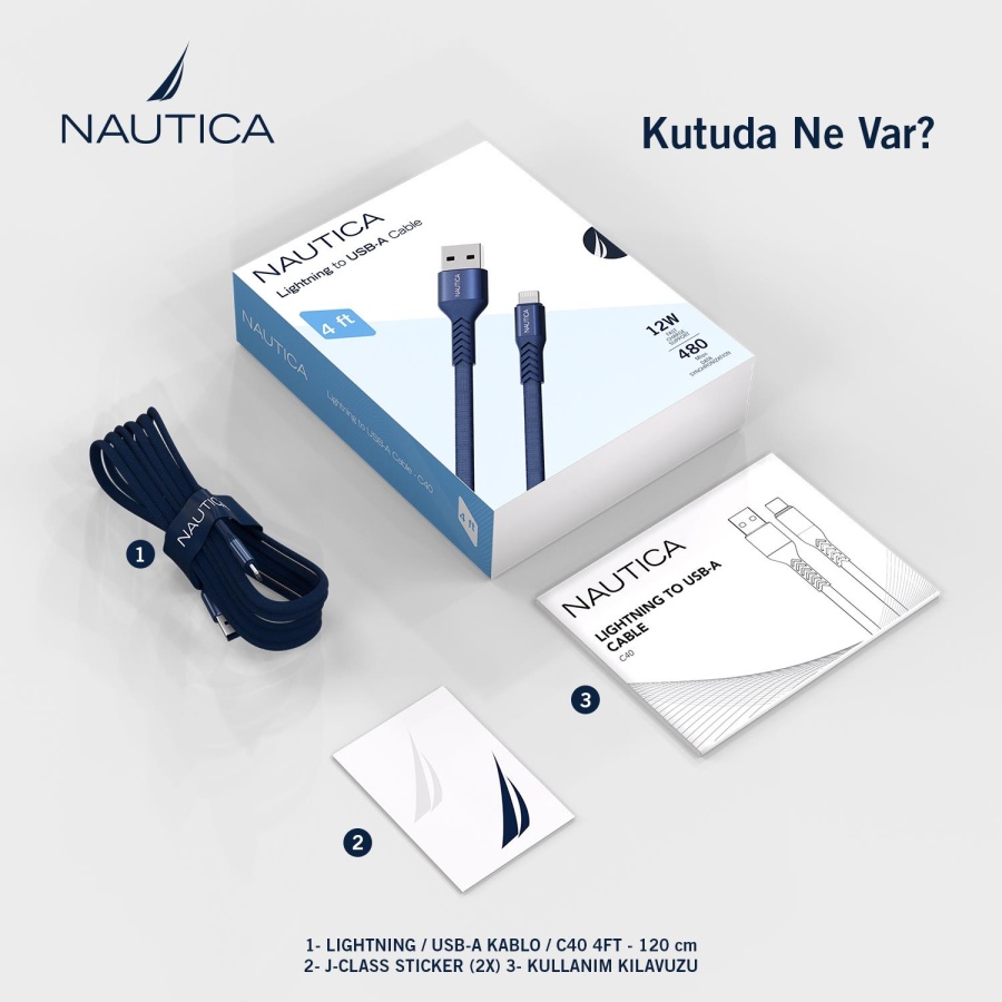 Nautica C40 Lightning to USB-A 120 cm Şarj ve Data Kablosu Navy - 6