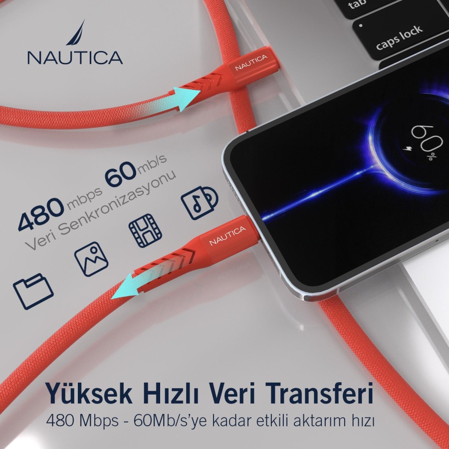 Nautica C50 USB-C to Lightning 120 cm Şarj ve Data Kablosu Kırmızı - 3