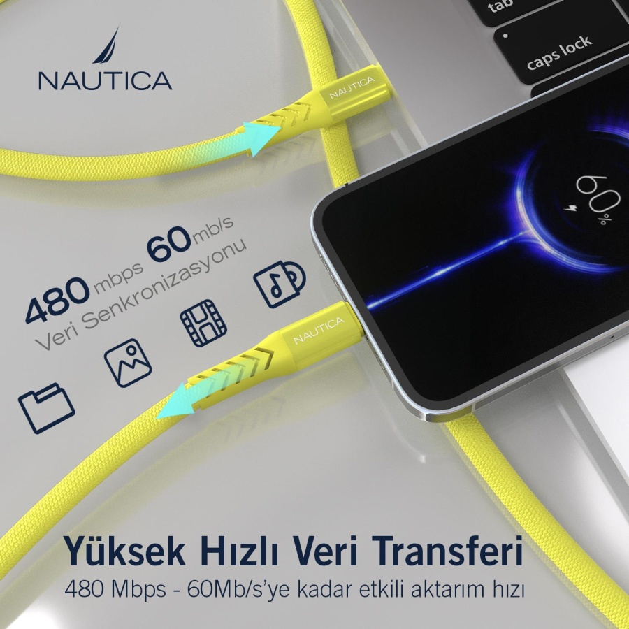 Nautica C50 USB-C to Lightning 120 cm Şarj ve Data Kablosu Sarı - 3