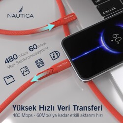 Nautica C50 USB-C to Lightning 210 cm Şarj ve Data Kablosu Kırmızı - 3