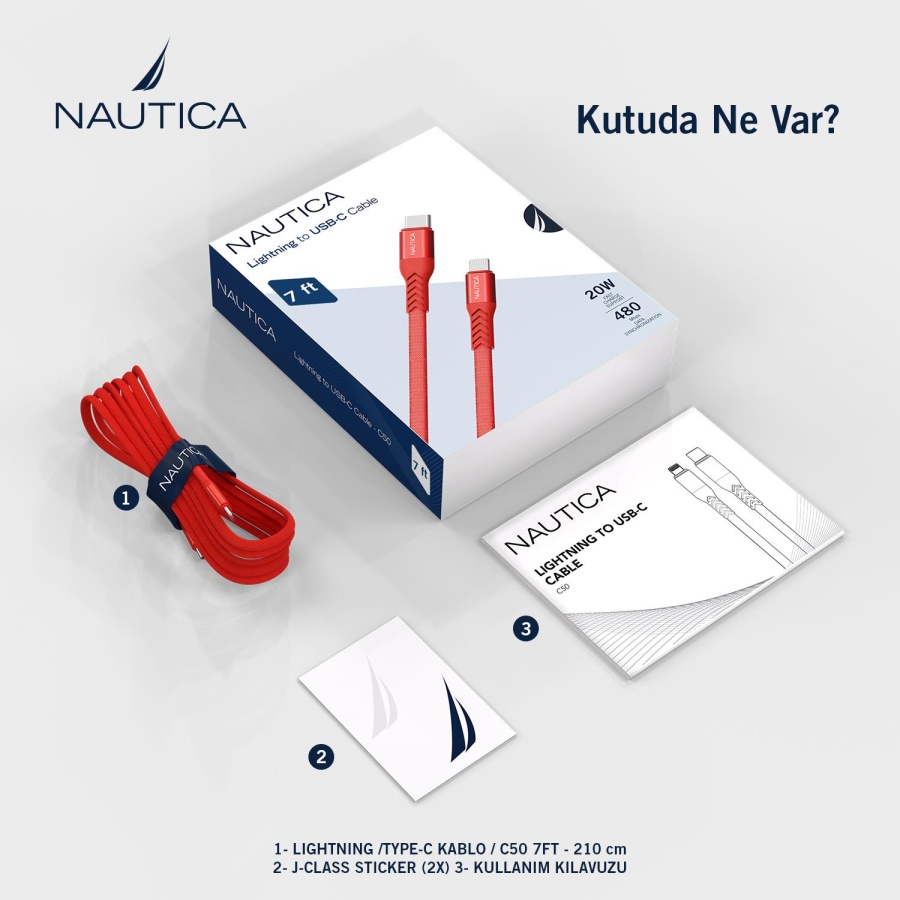 Nautica C50 USB-C to Lightning 210 cm Şarj ve Data Kablosu Kırmızı - 7