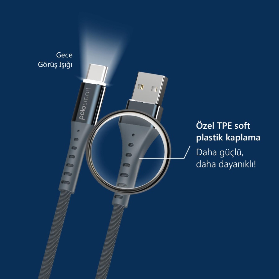 Polosmart PSM26 Type-C LED Aydınlatmalı Şarj ve Data Kablosu Gri - 4